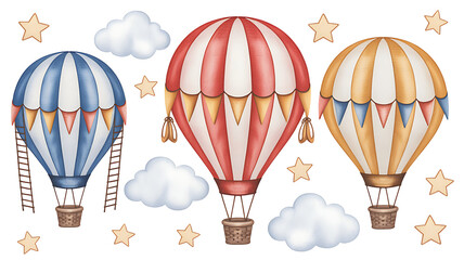 Three colorful hot air balloons floating among clouds and stars, whimsical illustration