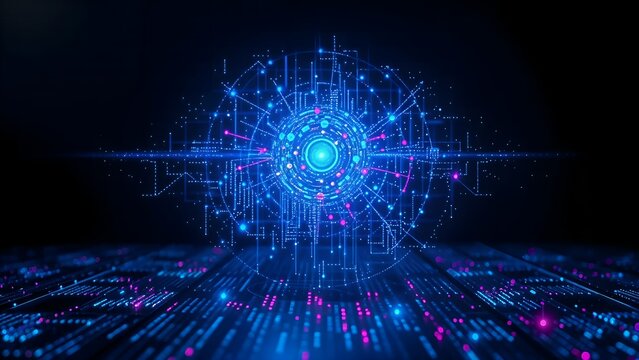 Abstract blue sphere energy reactor or molecule technology with glowing digital fractal light, binary code, and futuristic star pattern