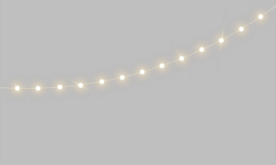 Realistic warm glowing string lights or christmas fairy light overlay with soft warm white illumination for festive event celebration and home decoration on transparent background