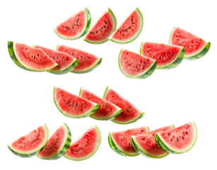 A closeup of fresh and juicy watermelon slices isolated on a clean white background