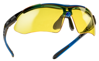 Yellow Sport sunglasses isolated on white background with clipping path. Protective eyewear with green lenses and black-purple frame for outdoor cycling, running, or fitness activities PNG File.