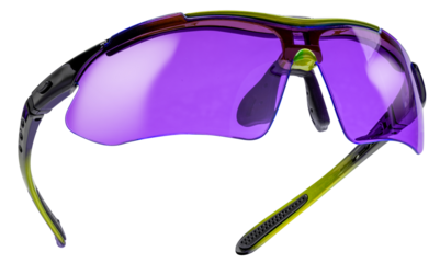 Purple Sport sunglasses isolated on white background with clipping path. Protective eyewear with green lenses and black-purple frame for outdoor cycling, running, or fitness activities PNG File.