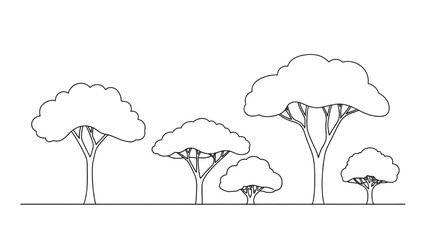 Stylized outline illustration of an African savanna tree landscape in minimalist design
