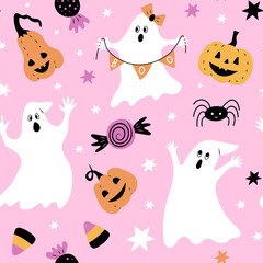 A cute seamless pattern with ghosts, pumpkins, and candy. Perfect for Halloween.
