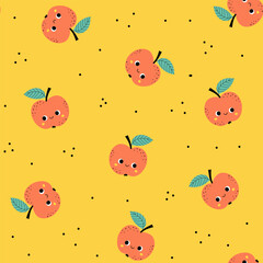 Seamless pattern of apples drawn in kawaii style.