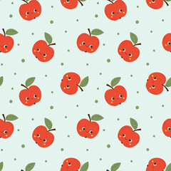 Seamless pattern of apples drawn in kawaii style.