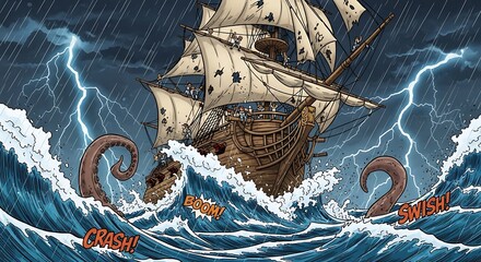 Vintage Galleon Fights a Mythical Kraken in a Raging Sea Storm.