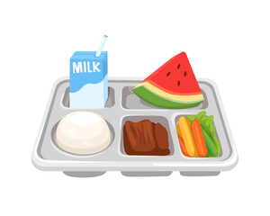 School Meal Tray with Balanced Meals and Milk Cartoon Illustration Vector