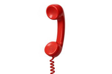 Red retro telephone handset with coiled cord showing vintage communication and call concept on transparent background