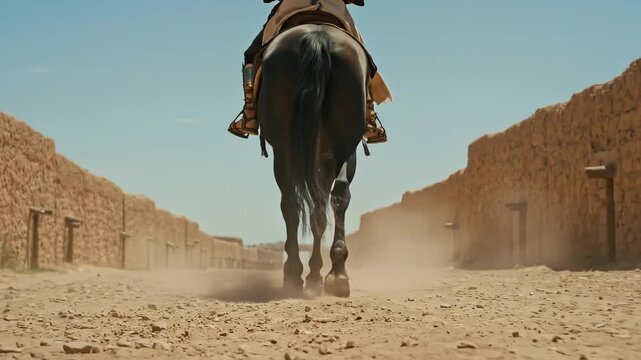 Horse rider moves slowly on dusty road in desert settlement, ancient middle eastern travel and journey video.
