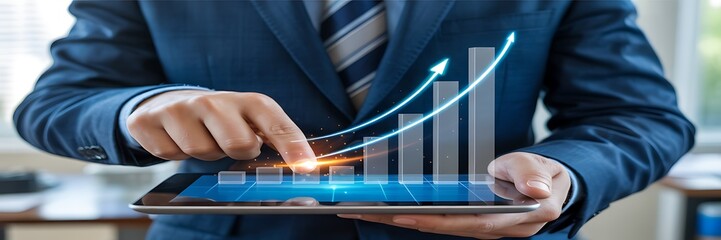 Businessman interacting with a tablet displaying a rising bar graph with upward arrows finance growth
