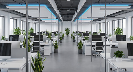 Modern empty open plan office interior with white desks, computers, chairs, glass partitions, and many green plants