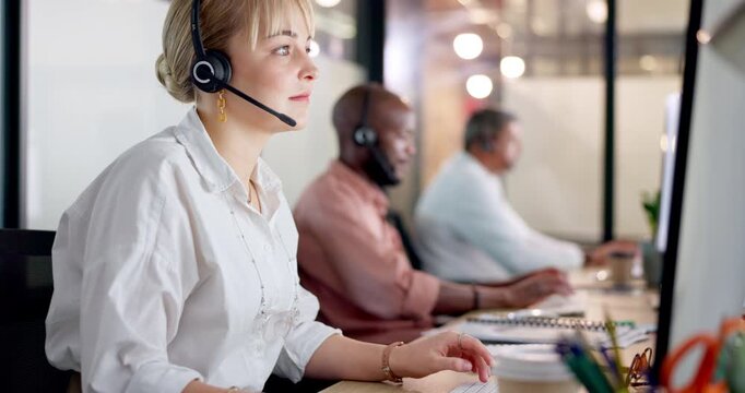 Night, call center and woman in office, computer and talking with customer support. Evening, people and employee in workplace, pc and help desk with communication, conversation and consultation