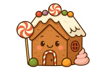 Cute gingerbread house cartoon decorated with white icing, colorful candies, and a smiling face, ideal for holiday themes
