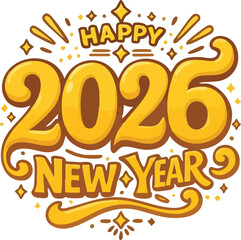PrintHappy 2026 New Year celebration typography with sparkles, stars, and festive decorative elements