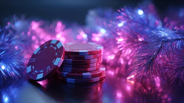 Stack of casino chips with Christmas decorations and neon holiday lights