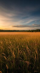 Fototapeta premium Golden Wheat Field at Sunset - A Serene Landscape.
