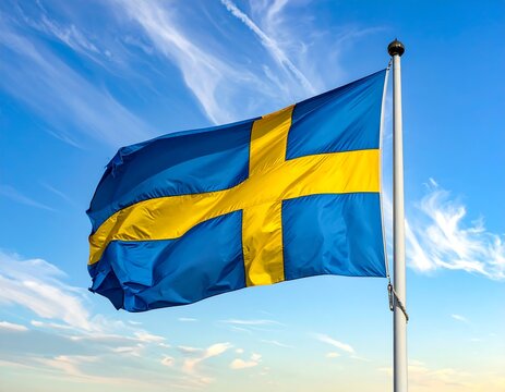 Swedish flag waving in a clear blue sky (1) - Powered by Adobe