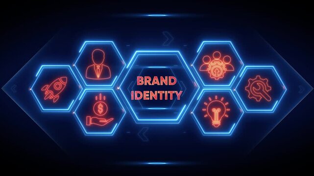 Brand Identity Hexagon Icons with Neon Glow on Dark Background branding marketing