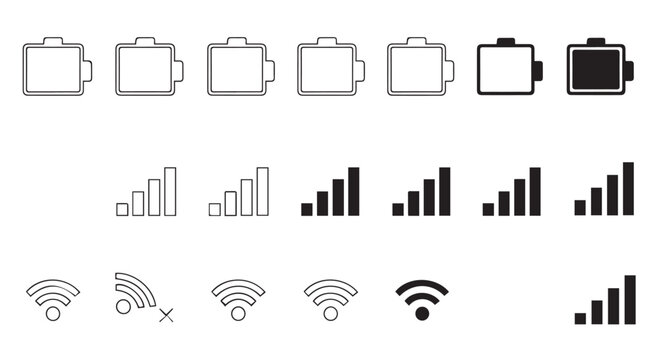 Collection of icons representing battery level, signal strength, and wifi connectivity isolated on transparent background
