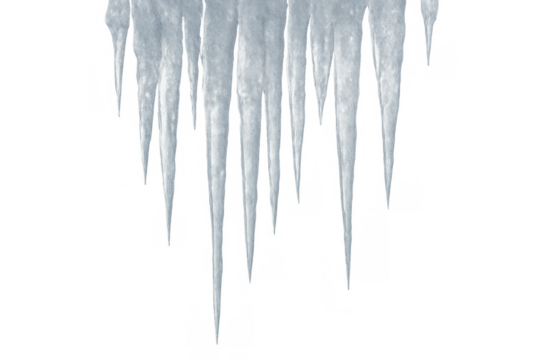 Icicles hanging, presenting cold winter weather and frozen condition on transparent background