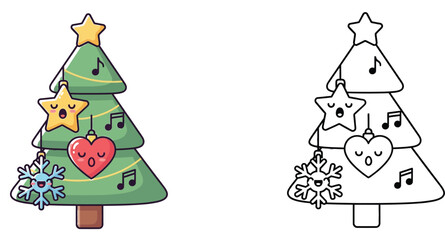 Cute Christmas Tree with Musical Star, Heart, and Snowflake Ornaments - Coloring Book Page