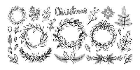 Set of isolated Christmas wreath and decoration elements, black outline and white plain, for holiday seasonal on transparent background.