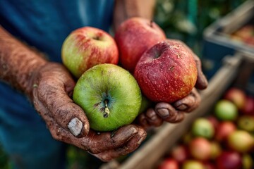 Hands of a farmer holding freshly harvested apples, showcasing vibrant red and green varieties, surrounded by a rustic wooden crate filled with more apples, emphasizing agricultural bounty