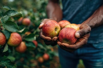African American man holding freshly picked apples in hands, surrounded by lush apple trees, showcasing the harvest season and connection to nature's bounty