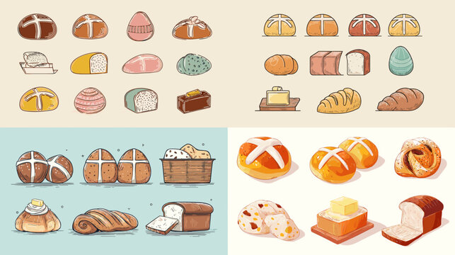 Hand-drawn bakery illustration with loaves, rolls, and pastries in soft pastel tones. Perfect for café branding, bakery packaging, menu designs, and artisanal food projects.