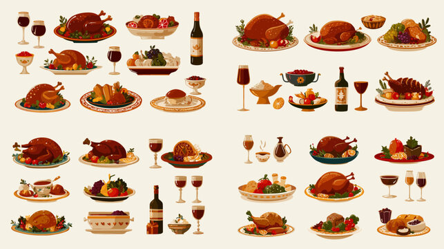 Traditional Thanksgiving dinner illustration featuring roast turkey, wine, and festive dishes. Great for seasonal greeting cards, menu designs, invitations, and holiday decor.