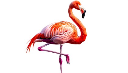 Pink flamingo with vibrant plumage on a white background