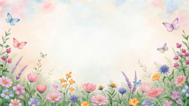 Colorful mixed pastel garden flowers with rainbow butterflies framing a central empty space in watercolor fade style