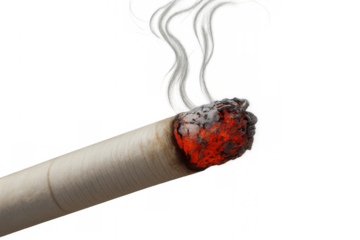 Burning cigarette creating smoke and ash, a symbol of addiction and unhealthy lifestyle with transparent background