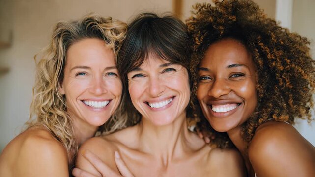 Three joyful women of diverse backgrounds hug and laugh in soft daylight, authentic natural beauty and confident smiles; uplifting lifestyle footage promoting friendship, inclusivity