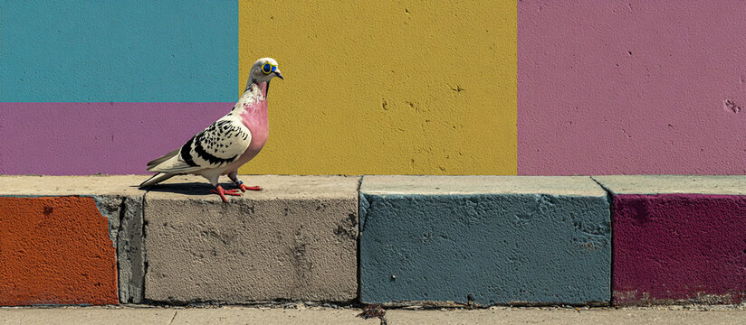 Pigeon with a yellow object balanced on its beak against a vibrant colorful geometric mural background