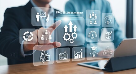 Business Process Improvement Holographic Interface with White Icons and KPI Gauge