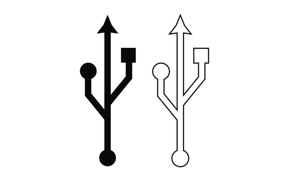 Two universal serial bus usb connection port symbols one solid black and one outlined on a white background isolated on white background