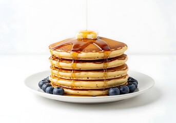 Stack of Pancakes with Syrup and Blueberries on White Plate.