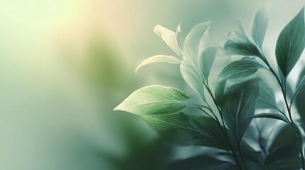 Soft Green Leaves with Gentle Light in Background Near Blur Effect