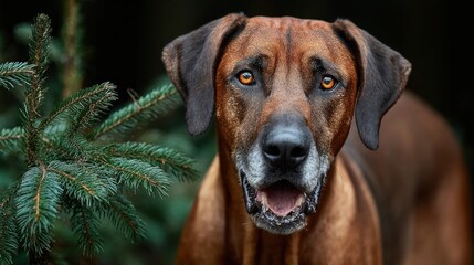 brown dog with bright eyes stands close to a pine tree in a lush forest. sun illuminates the dogs features, highlighting its curious expression in the serene environment