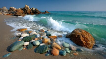 peaceful beach scene features smooth, colorful pebbles scattered on the sand, with gentle waves crashing against the rocky shore under a clear blue sky