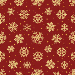 Elegant Christmas Seamless Pattern Vector: Scarlet Red and Gold Snowflakes for Celebration. Dark Red Flat Design for Festive Posters, Gift Boxes, and Promotional Campaigns.