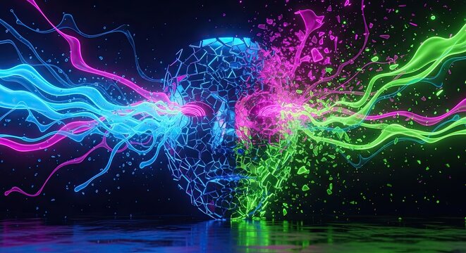 Abstract Digital Brain with Neon Light Waves and Particles.