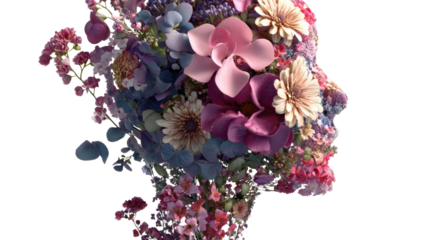 Animated 3D vector illustration of human head silhouette with blooming colorful flowers symbolizing imagination and creativity isolated on white background
