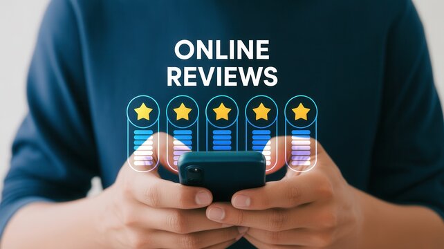 Modern customer engagement shows online reviews and five star ratings collected through mobile phone technology for business growth and reputation management