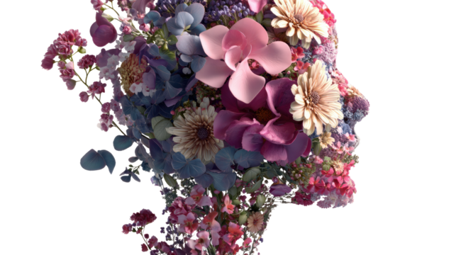 Animated 3D vector illustration of human head silhouette with blooming colorful flowers symbolizing imagination and creativity isolated on white background
 - Powered by Adobe