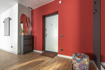 Modern Hallway Interior with Red Wall and Minimalist Decor