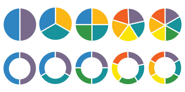  Circle division infographic icon set. Pie chart divided 3,4,5,6 equal parts. Color ring, donut round diagram. Infographic wheel segment and fraction. Vector illustration isolated on white background