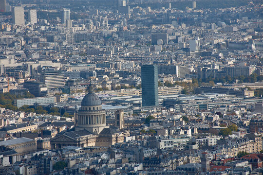 Panoramic view of Paris from Montparnasse with the neoclassical Pantheon and the Zamansky Tower on the Pierre and Marie Curie University campus